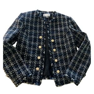 Calvin Klein tweed gold button blazer structured office jacket Blue Black 6